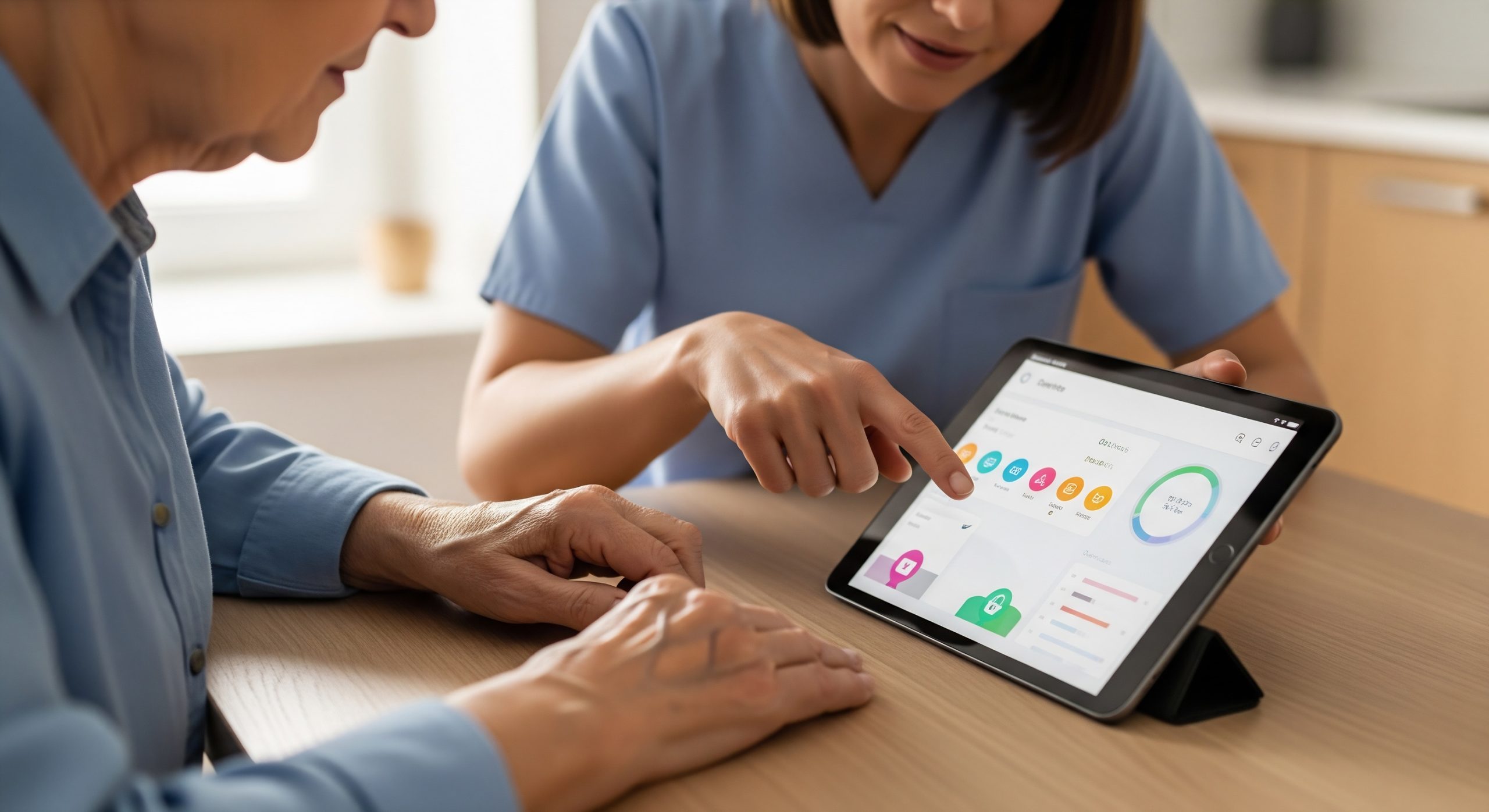 Caregiver assisting senior with digital health monitoring using a tablet, showcasing remote medical support and elderly care technology.